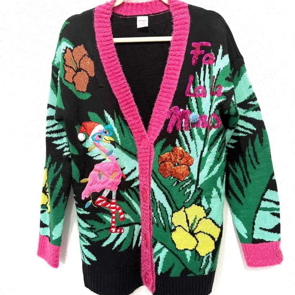 Holiday Time Black tropical  flamingo Pink Women's Cardigan‎ M